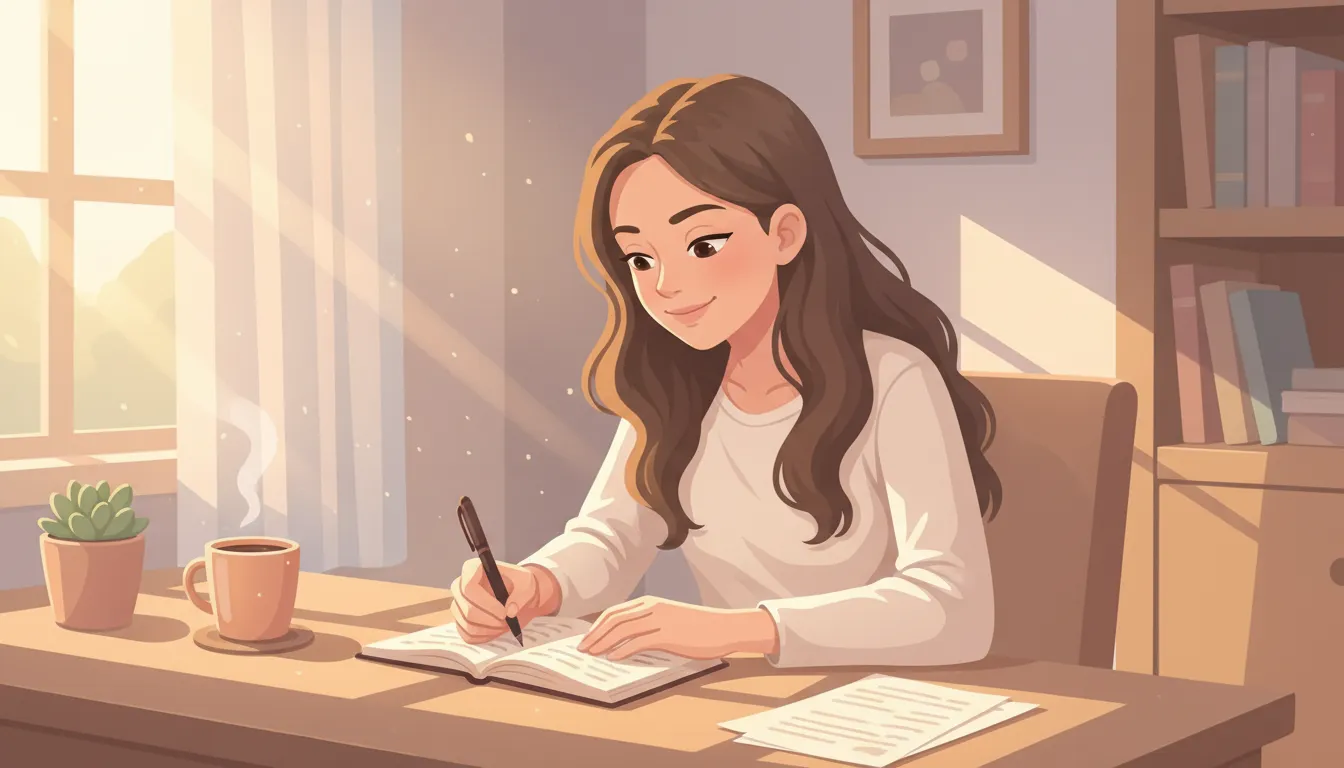Woman reading a journal with a pen and coffee