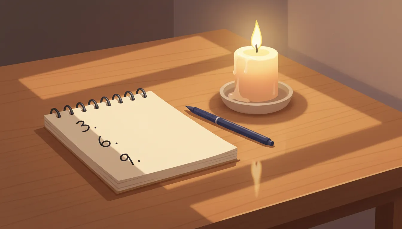 Notebook and candle on a wooden table in warm ambient light