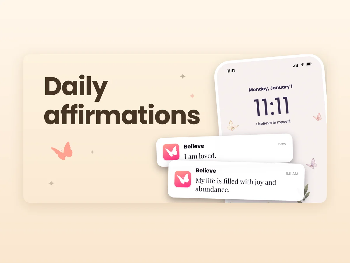 Believe app promotional banner showing daily affirmation notifications on a phone lock screen