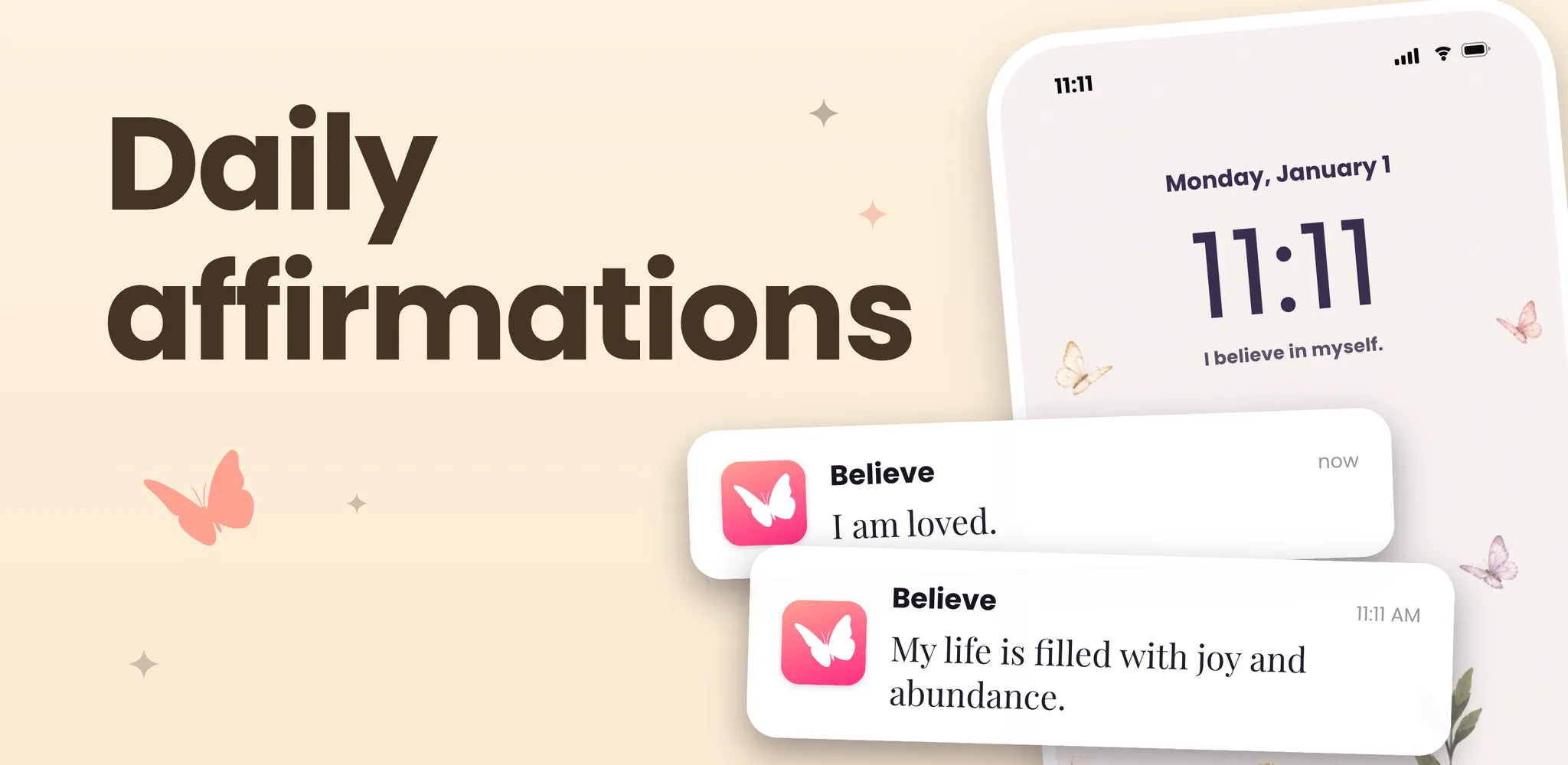 Believe app promotional banner showing daily affirmation notifications on a phone lock screen