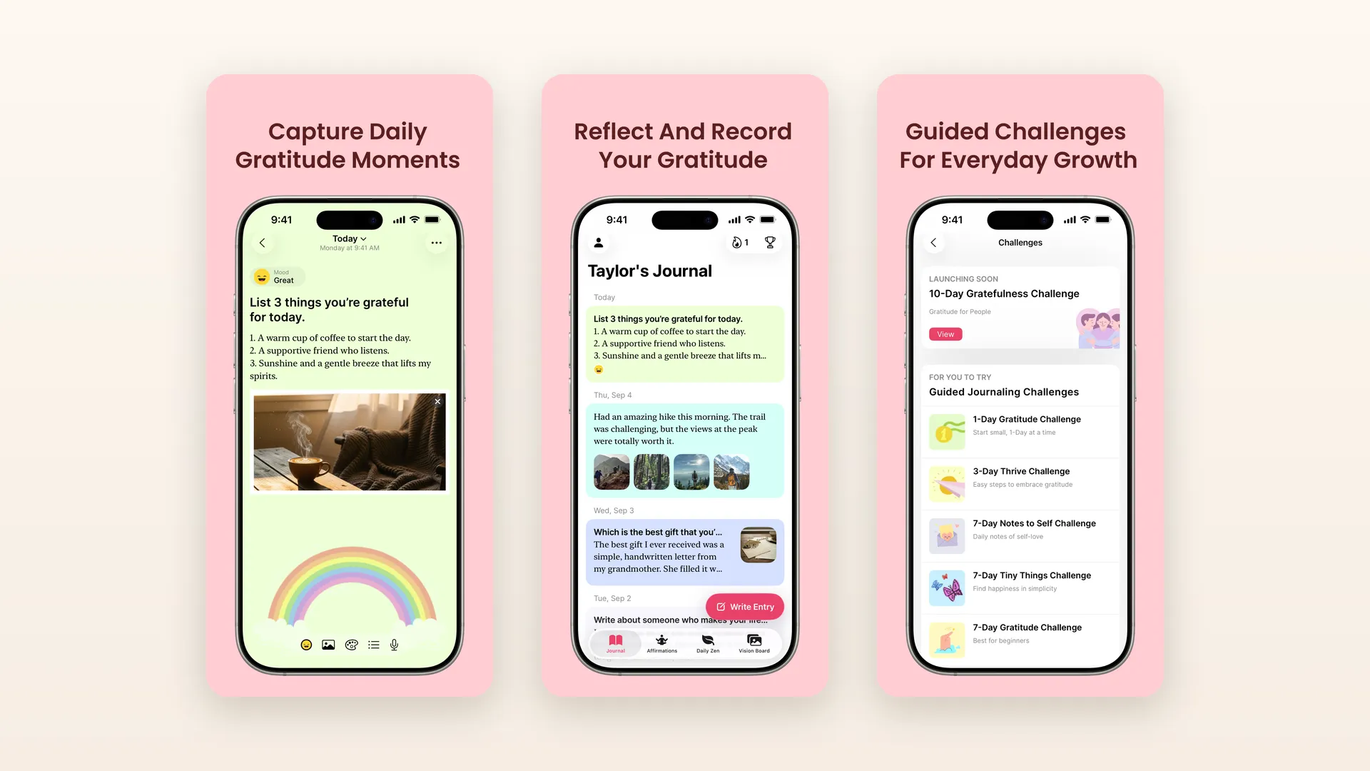Three screens from the Gratitude app: a daily gratitude entry, a personal journal view, and guided gratitude challenges