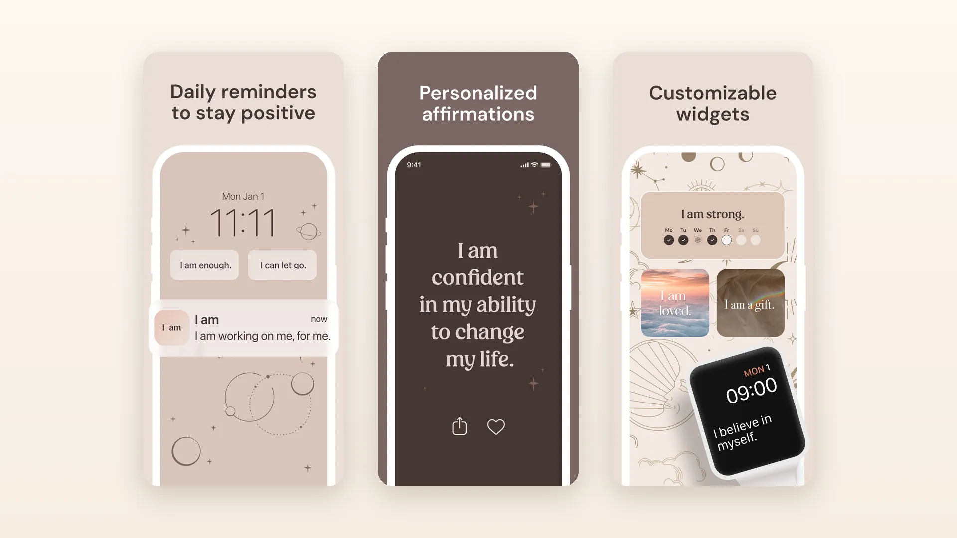 Three screens from the I am app: lock screen reminders, a dark affirmation card, and customizable home screen widgets