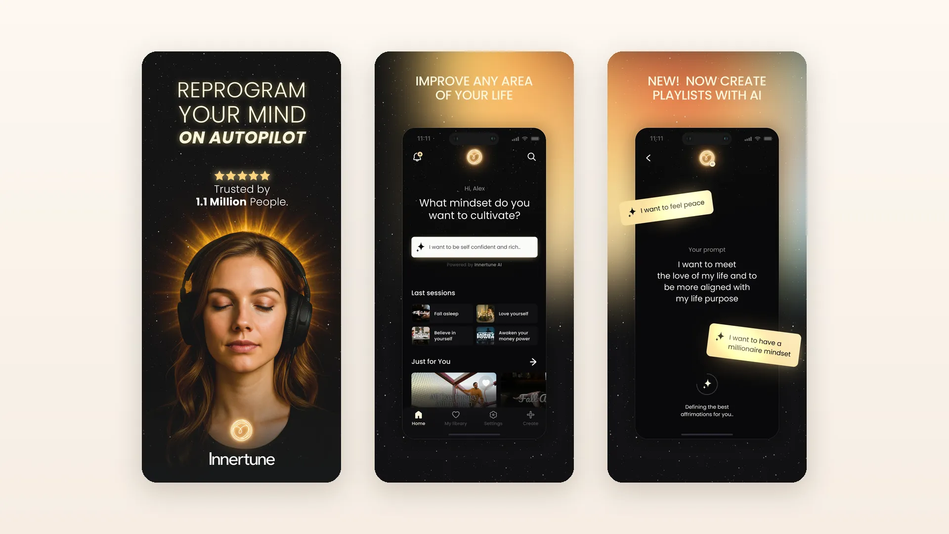 Three screens from the Innertune app: an audio affirmation cover, a mindset selection screen, and AI-generated affirmation playlists