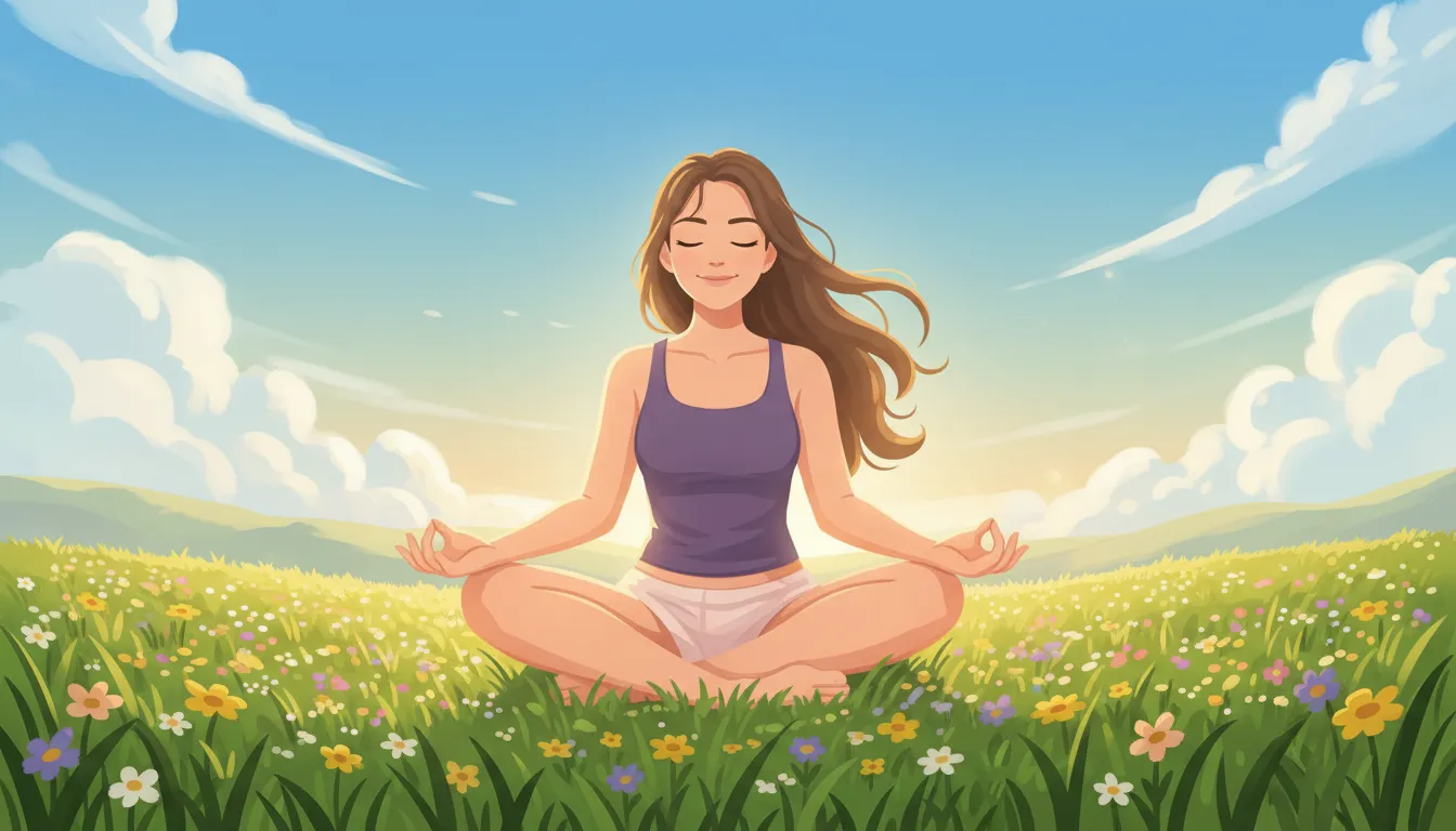 Woman meditating peacefully in a green field surrounded by nature