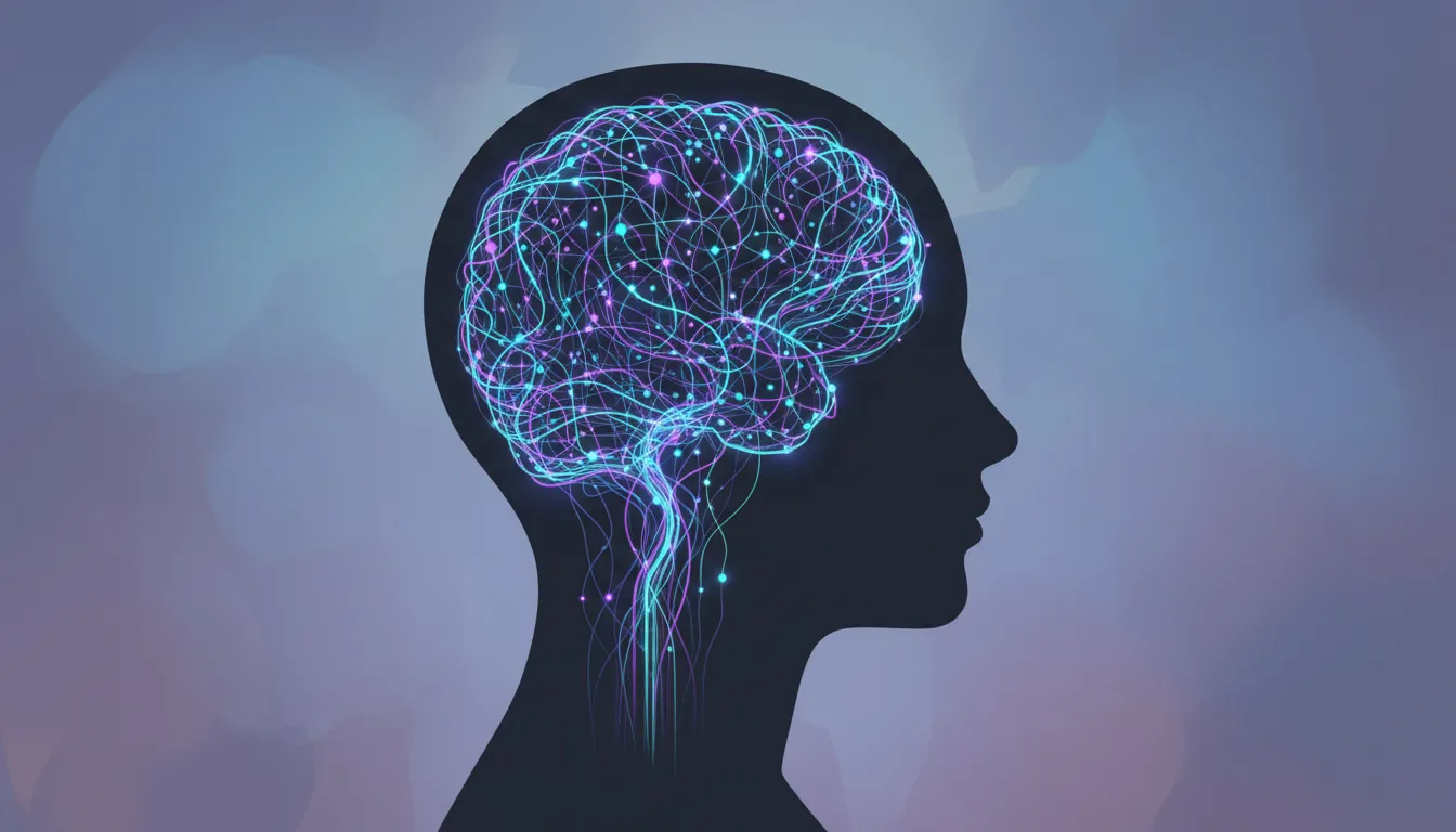 Abstract blue and purple light streaks forming a head shape representing neural pathways