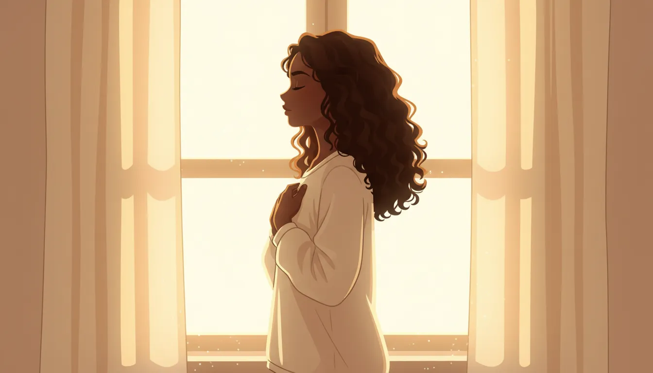 Open journal on a wooden table with a handwritten affirmation in warm lamplight