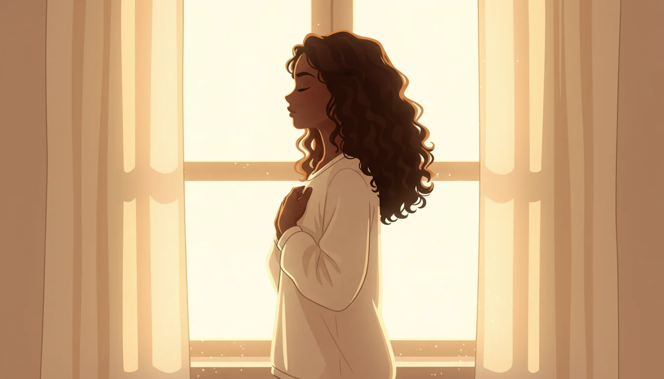 Open journal on a wooden table with a handwritten affirmation in warm lamplight