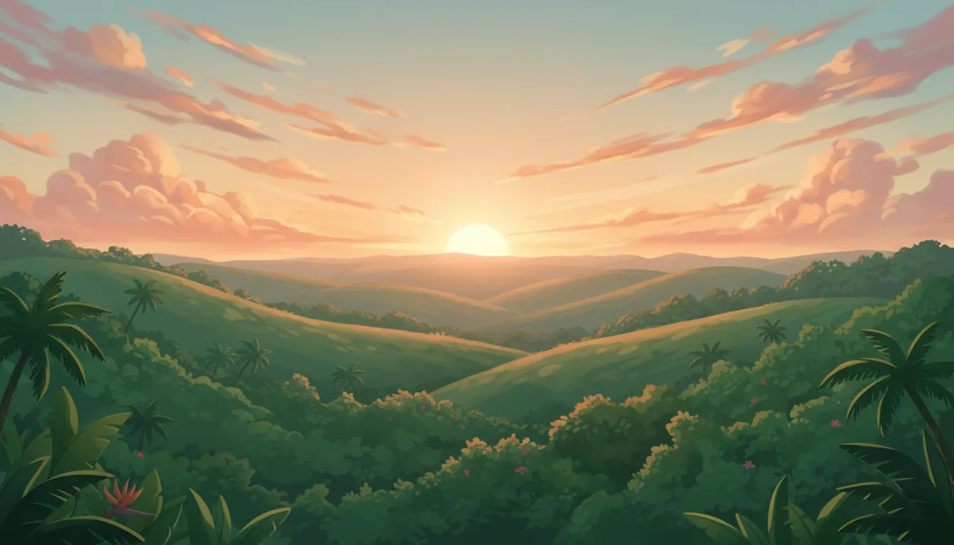 Warm sunrise breaking over green hills with scattered clouds