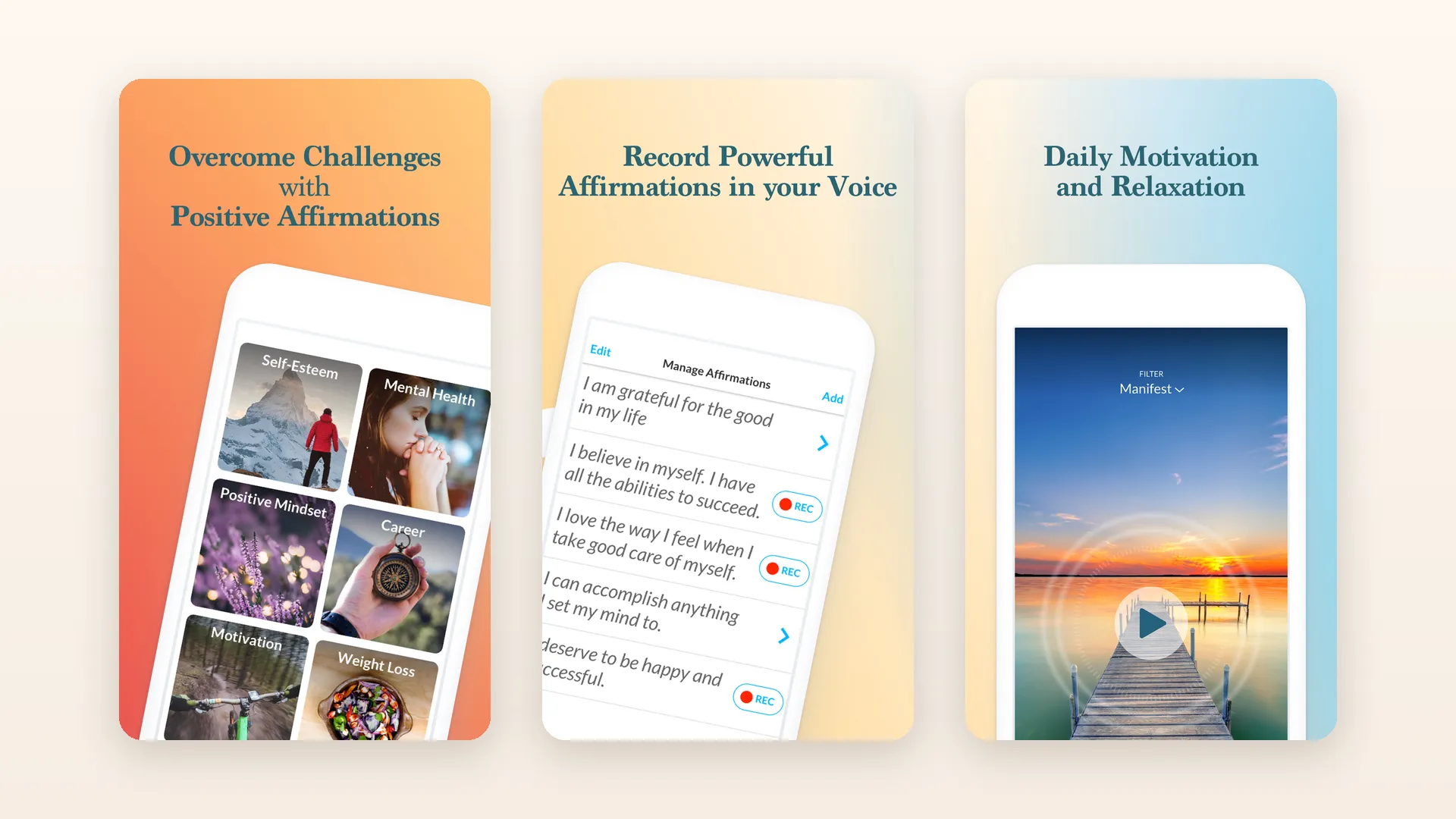 Three screens from the ThinkUp app: affirmation categories, a list for recording affirmations in your own voice, and an audio playback screen