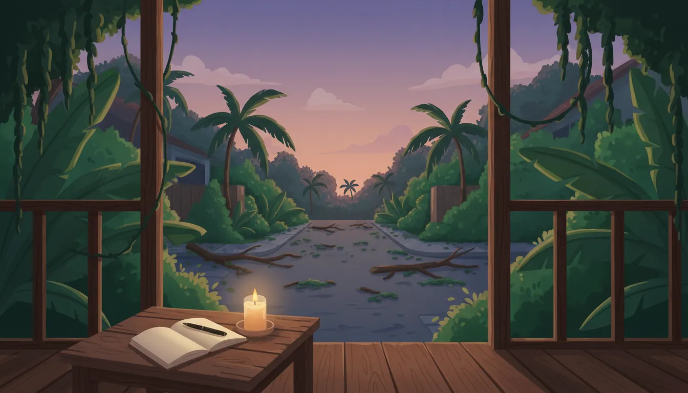 A dimly lit porch with a notebook and candle overlooking a quiet Puerto Rico street at dawn