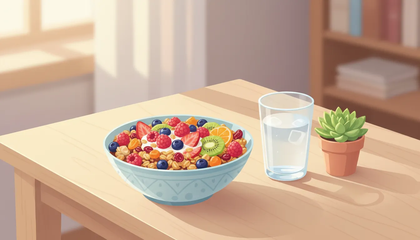 Fresh fruit granola bowl representing a healthy morning wellness routine