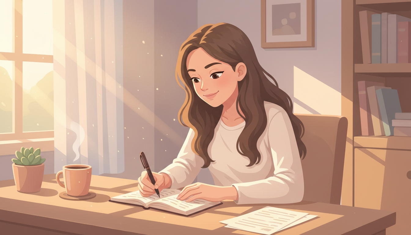 Woman reading a journal with a pen and coffee