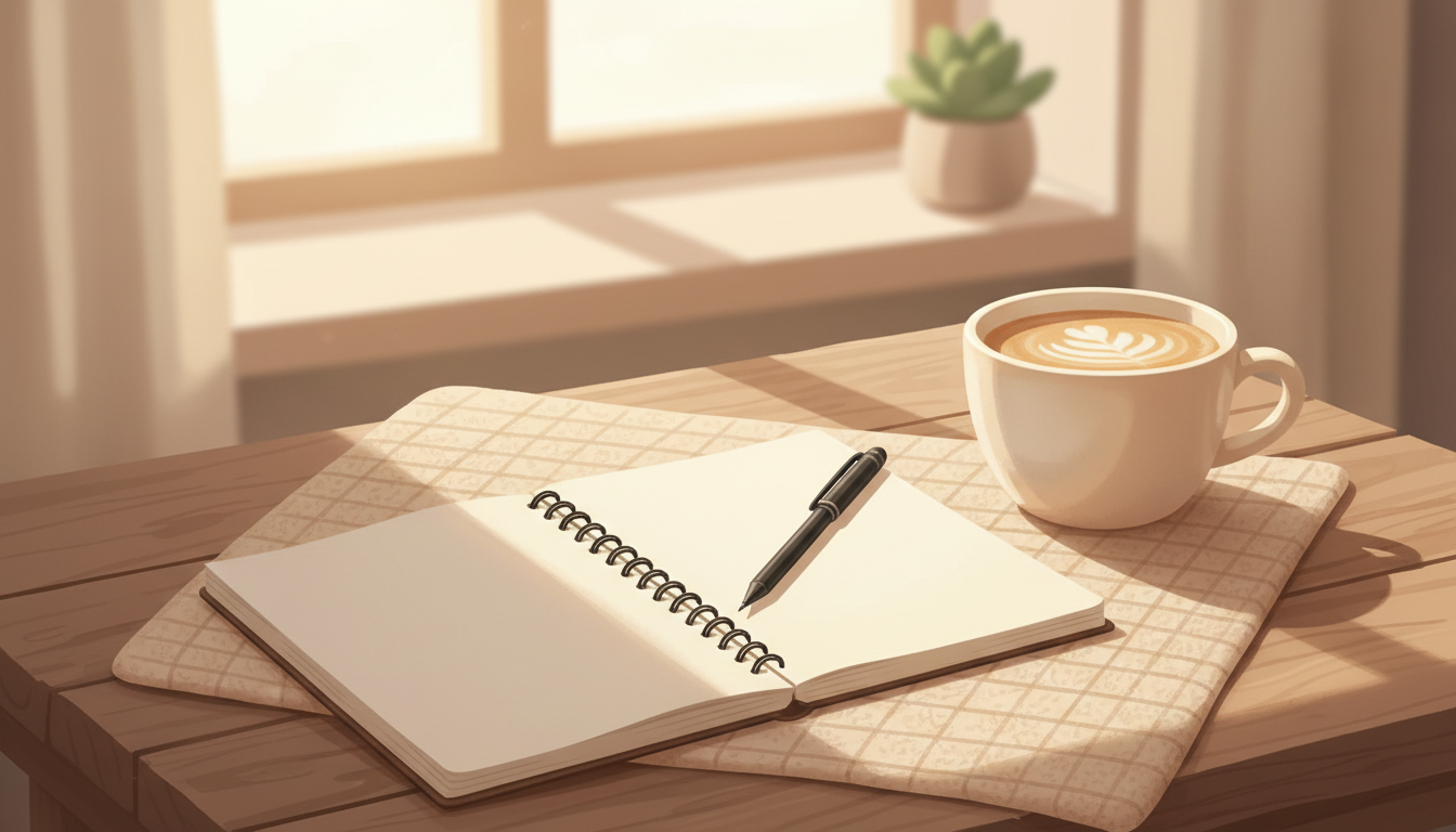 Open notebook next to a cup of coffee on a cozy table