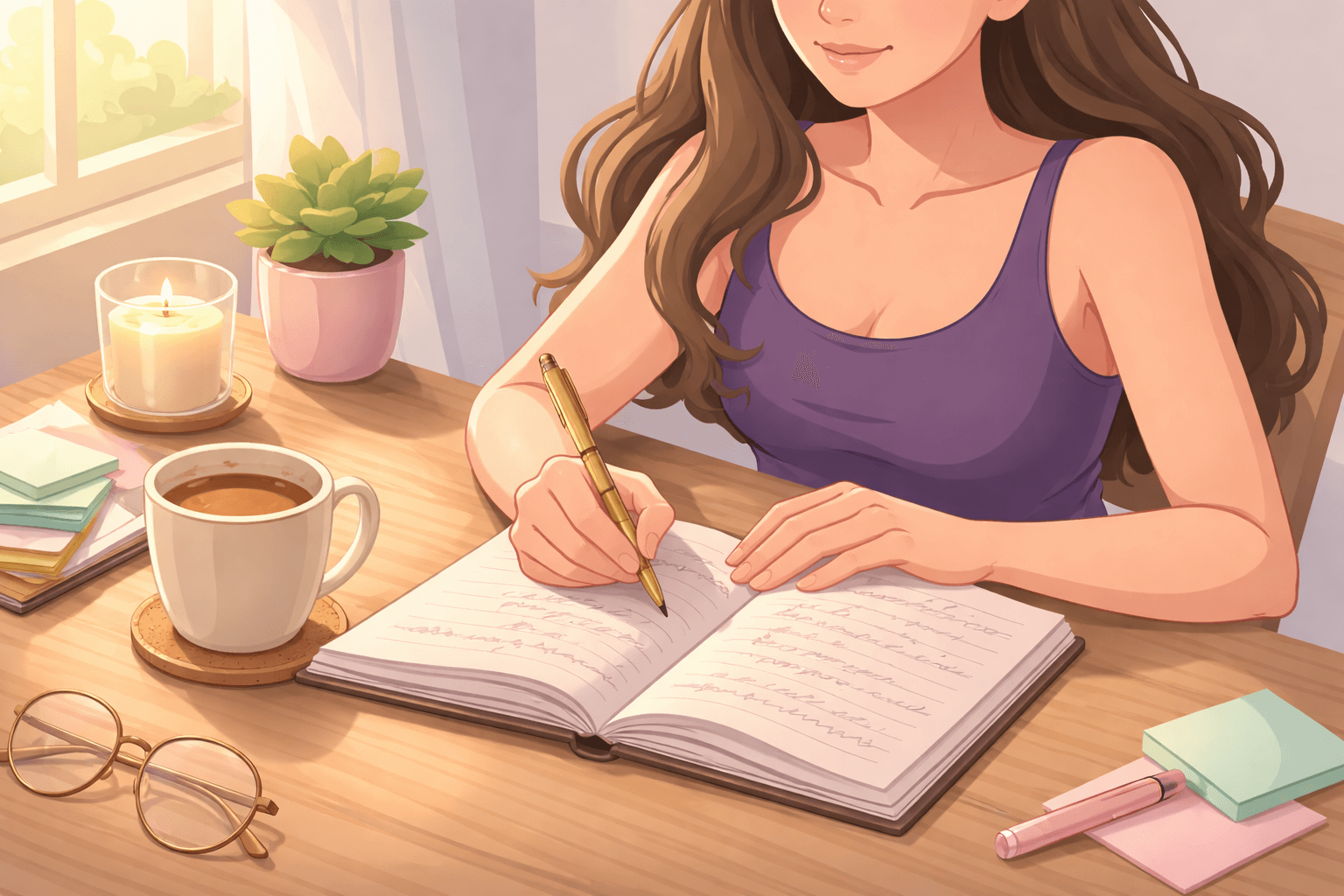 Woman drinking coffee and reading a journal in soft morning light