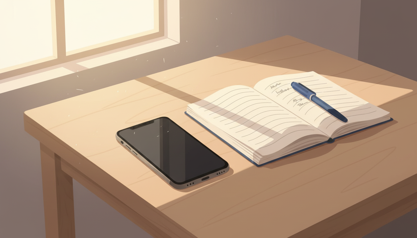 A dead phone lying on a table next to a notebook and pen