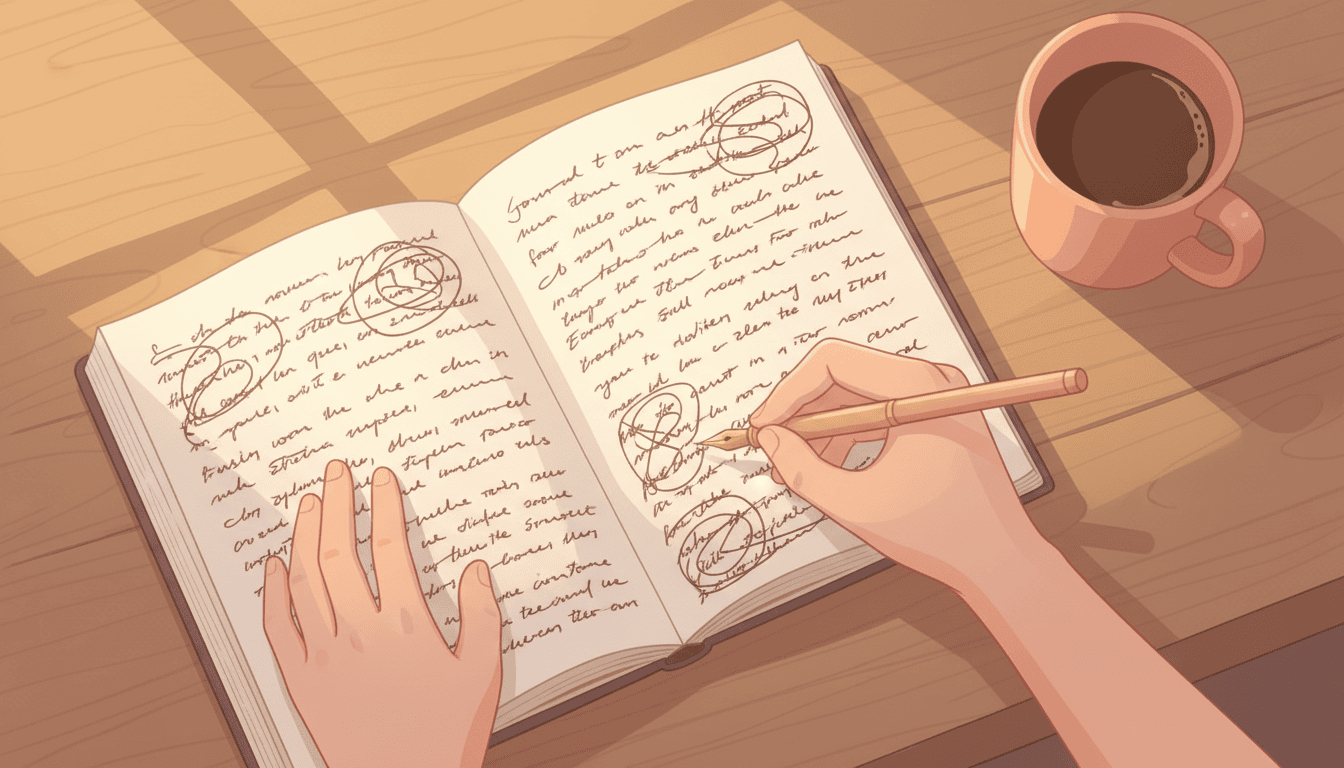 Close-up of hands writing in a journal with warm soft light on the page