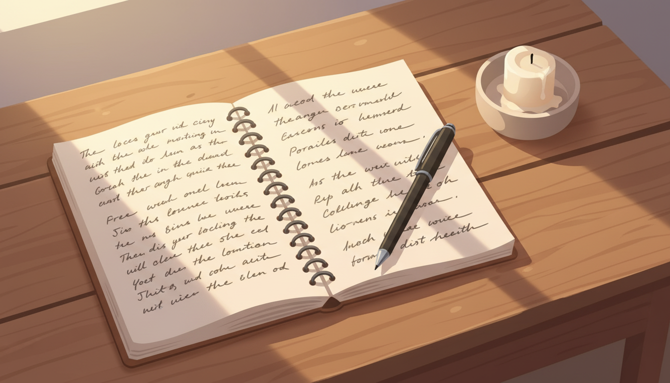 A simple notebook open to a page of handwritten affirmations on a wooden table