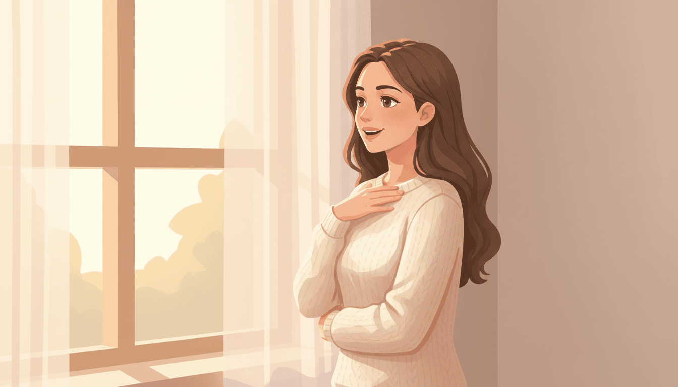 A woman in soft morning light quietly speaking an affirmation to herself