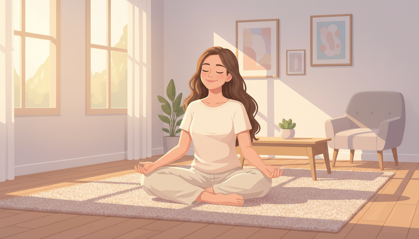 Woman meditating cross-legged on the floor at home