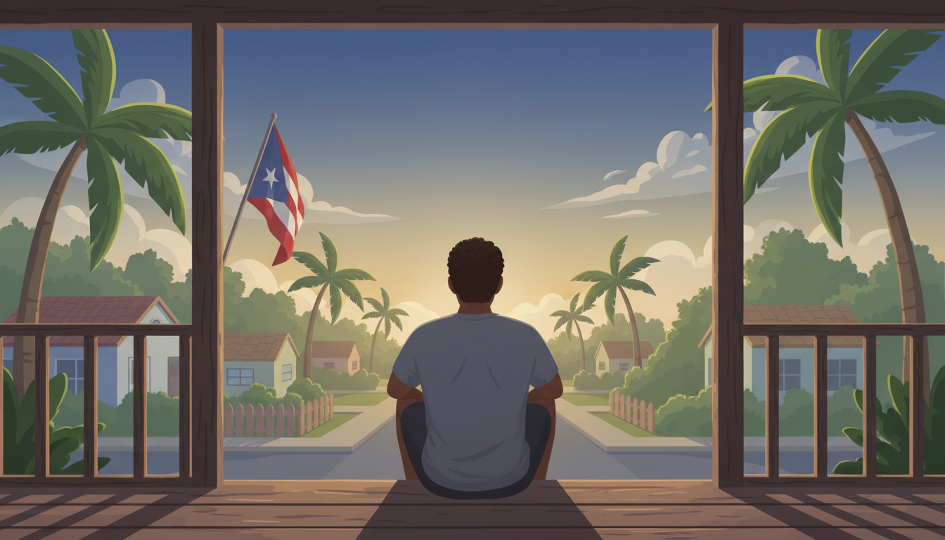 Person sitting on a porch at dawn, looking out at a quiet street lined with trees