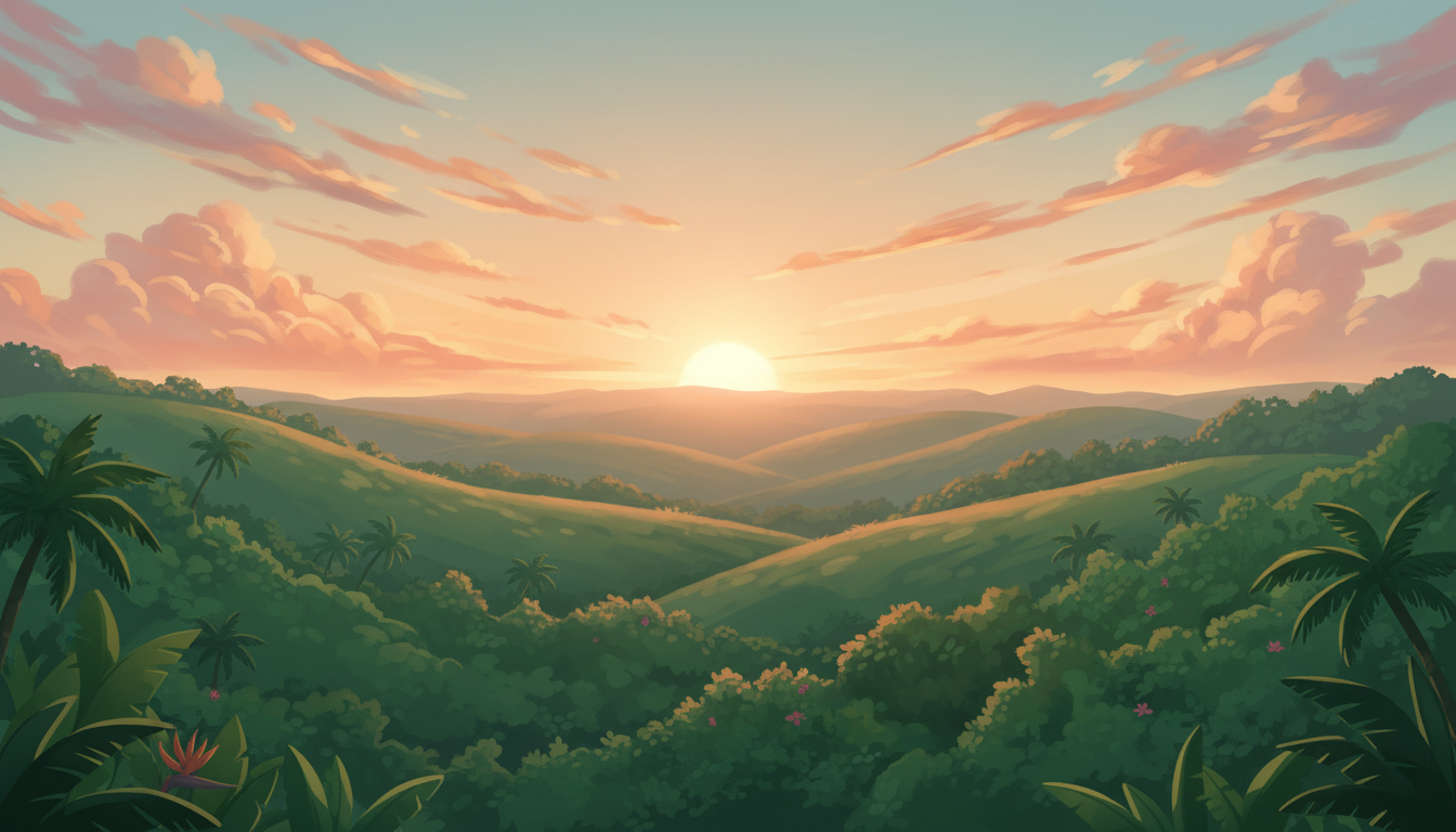 Warm sunrise breaking over green hills with scattered clouds