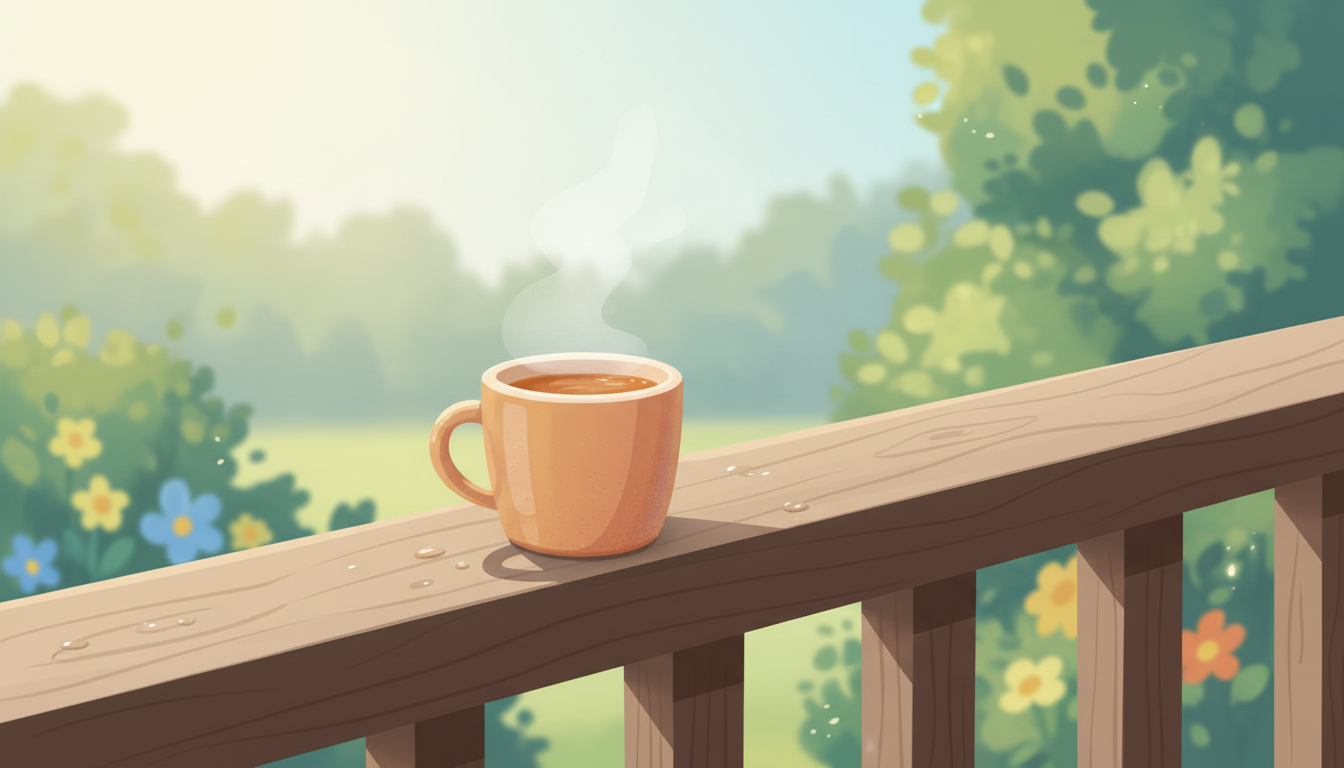 A cup of tea sitting on a wooden deck in soft morning light