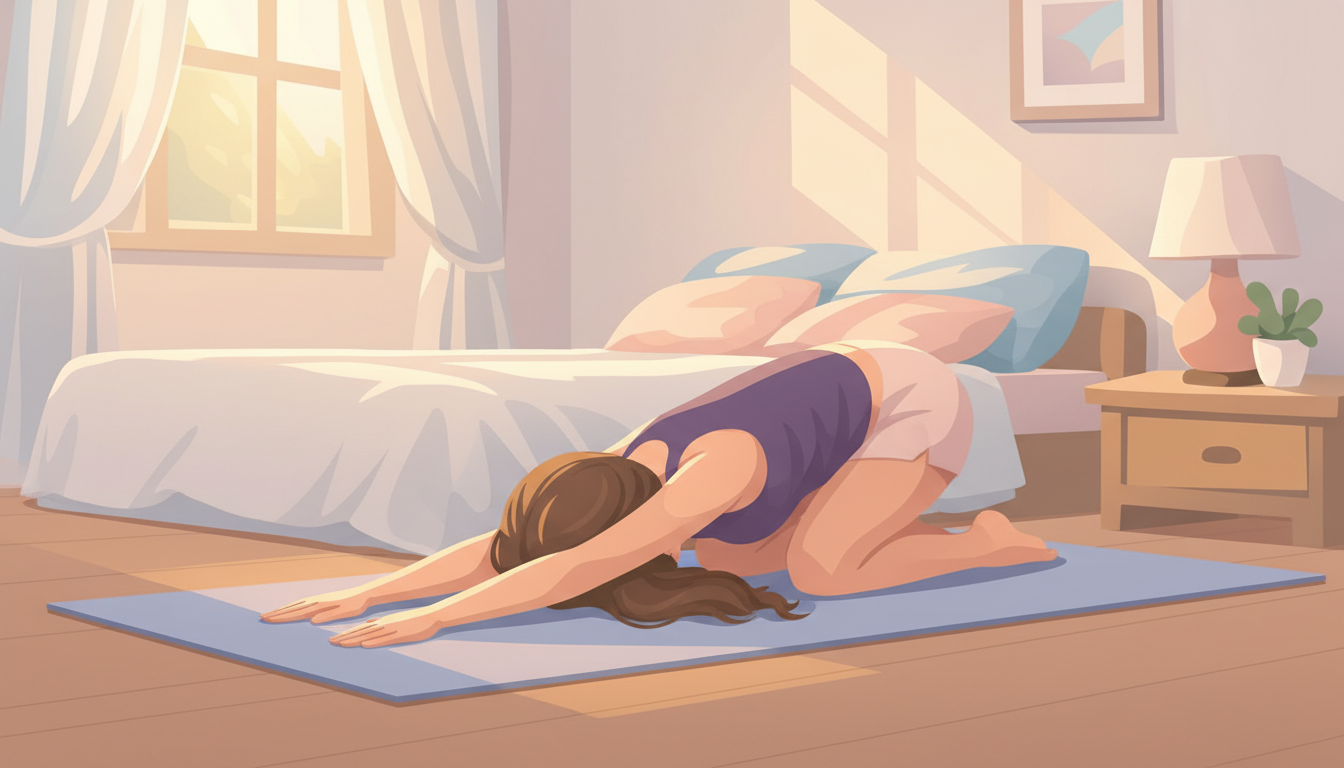 Woman demonstrating child's pose on a yoga mat