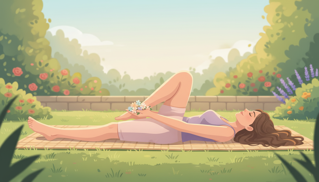 Woman lying on a mat in a gentle supine twist yoga pose