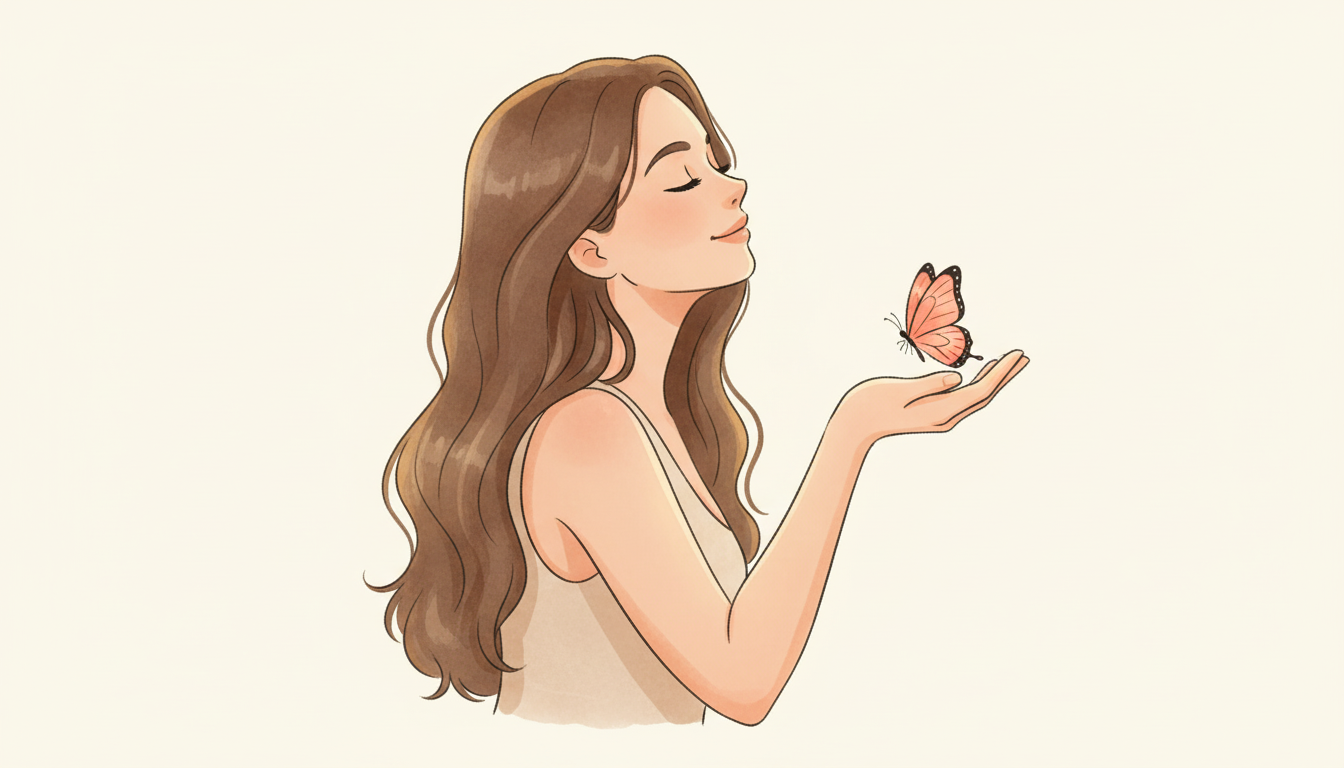 A woman with her eyes closed holding a coral butterfly